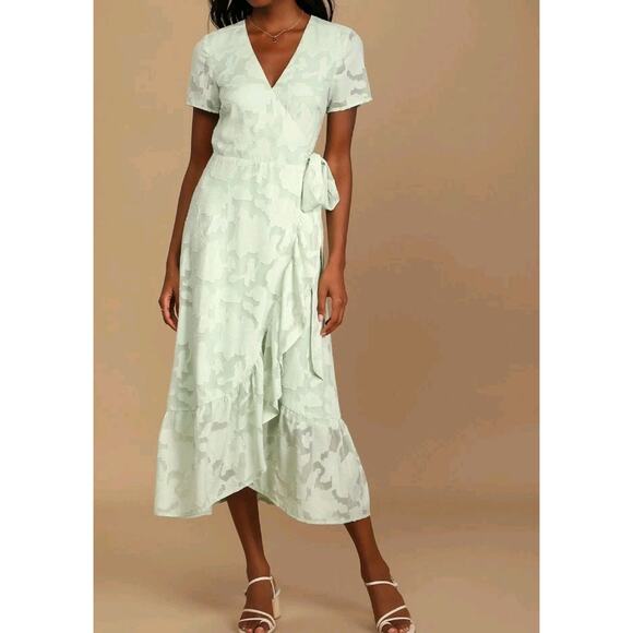 Lulu's Jacquard Short Sleeve Wrap Midi Dress S Blissfully Sage Green Ruffle - Picture 1 of 12